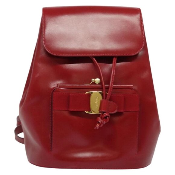 Salvatore Ferragamo Vala Backpack Leather Red Gold Auth 138862 - Picture 3 of 14
